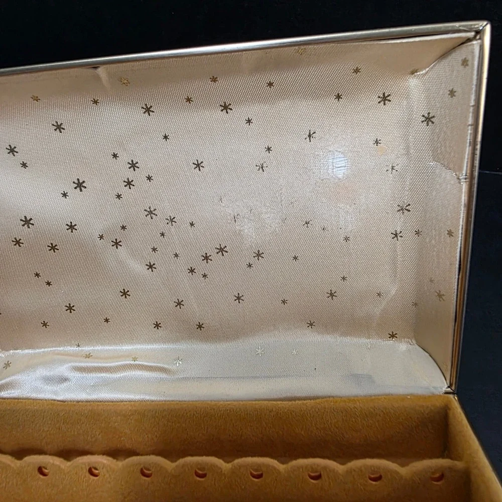 Vintage Earring Holder Travel Jewelry‎ Box Gold Brocade Starburst Velvet Lining